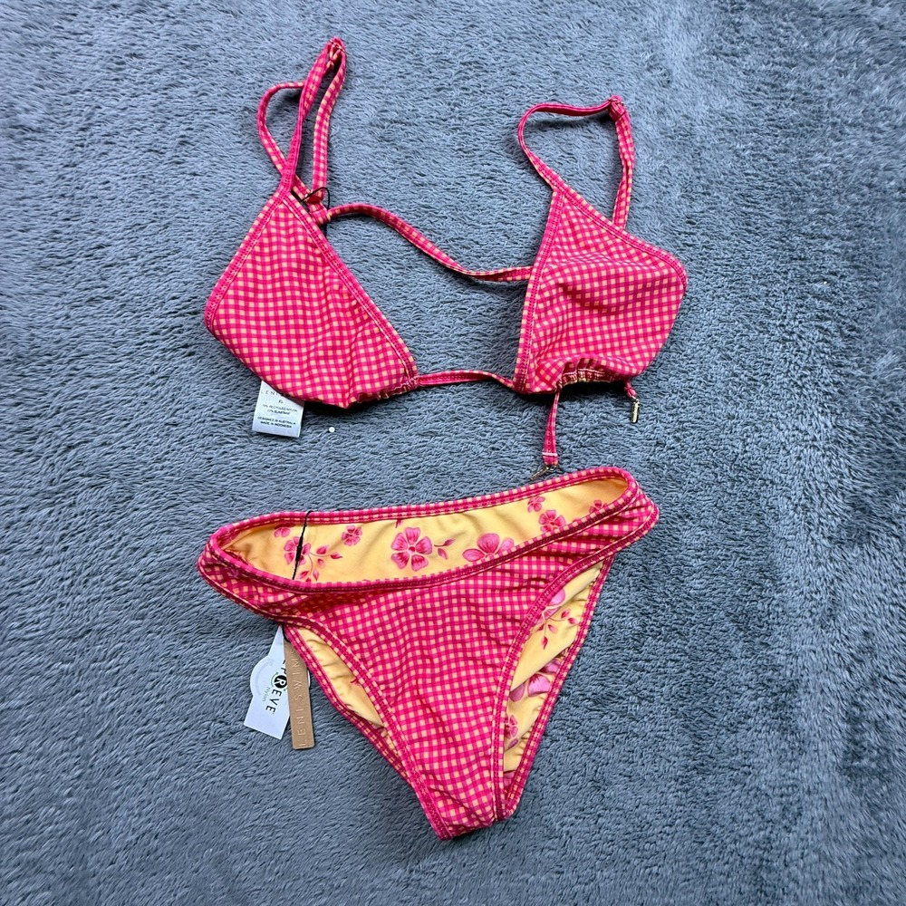 Leni Swims Bikini Top & Bottom Set NWT Check Pink Yellow Floral XL Reversible